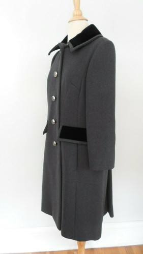 1960's Mod VINTAGE Gray Wool Shagmoor PRINCESS Coat Velvet Trim - Picture 5 of 8