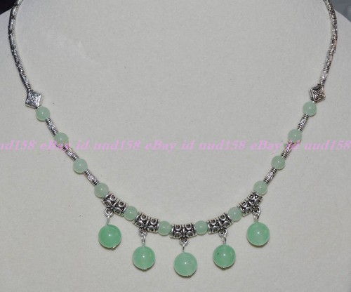 LOVELY NATURAL LIGHT GREEN JADE ROUND BEADS PENDANTS & TIBET SILVER NECKLACE 18" - Picture 2 of 2