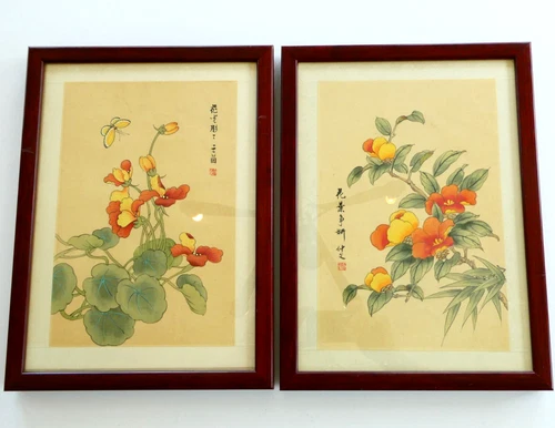 Japanese Pair Framed Silk Painting of Flowers Blossoms Butterfly 11x15 inch Sign