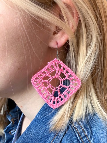 Pink Diamond Crochet Earrings | Geometric Statement Jewelry - Picture 2 of 8