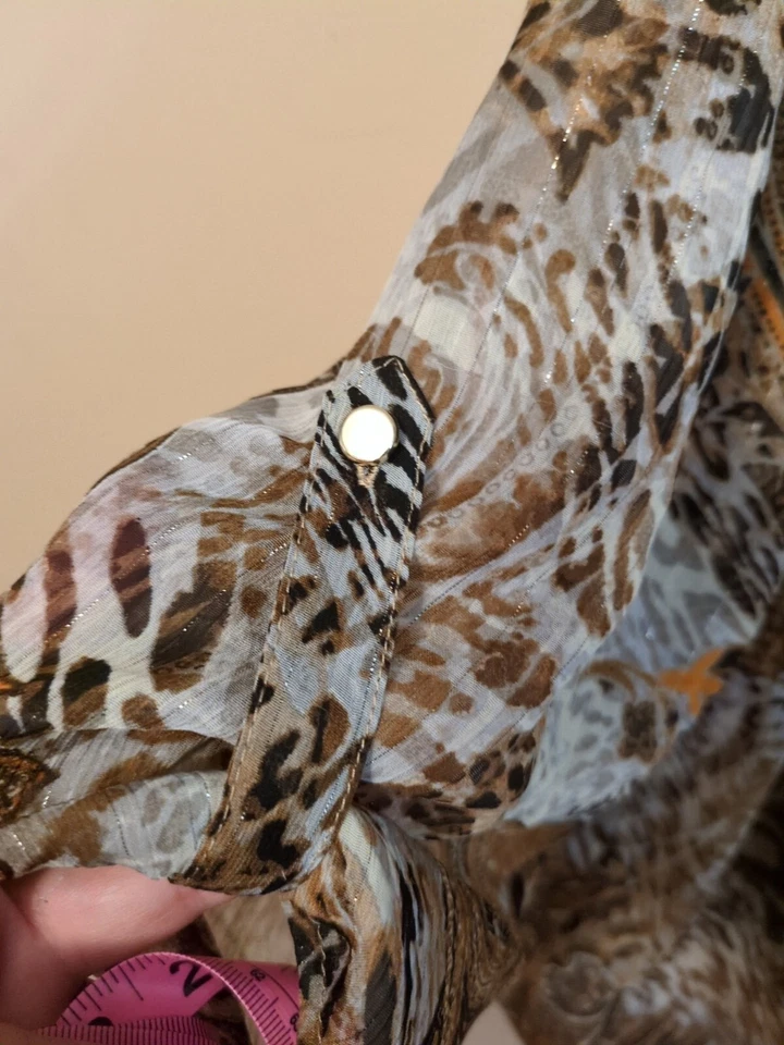 Sara Michelle 2X Top Paisley 3/4 透明袖 V 领拉链金色金属棕色 — 第 4/4 张图片