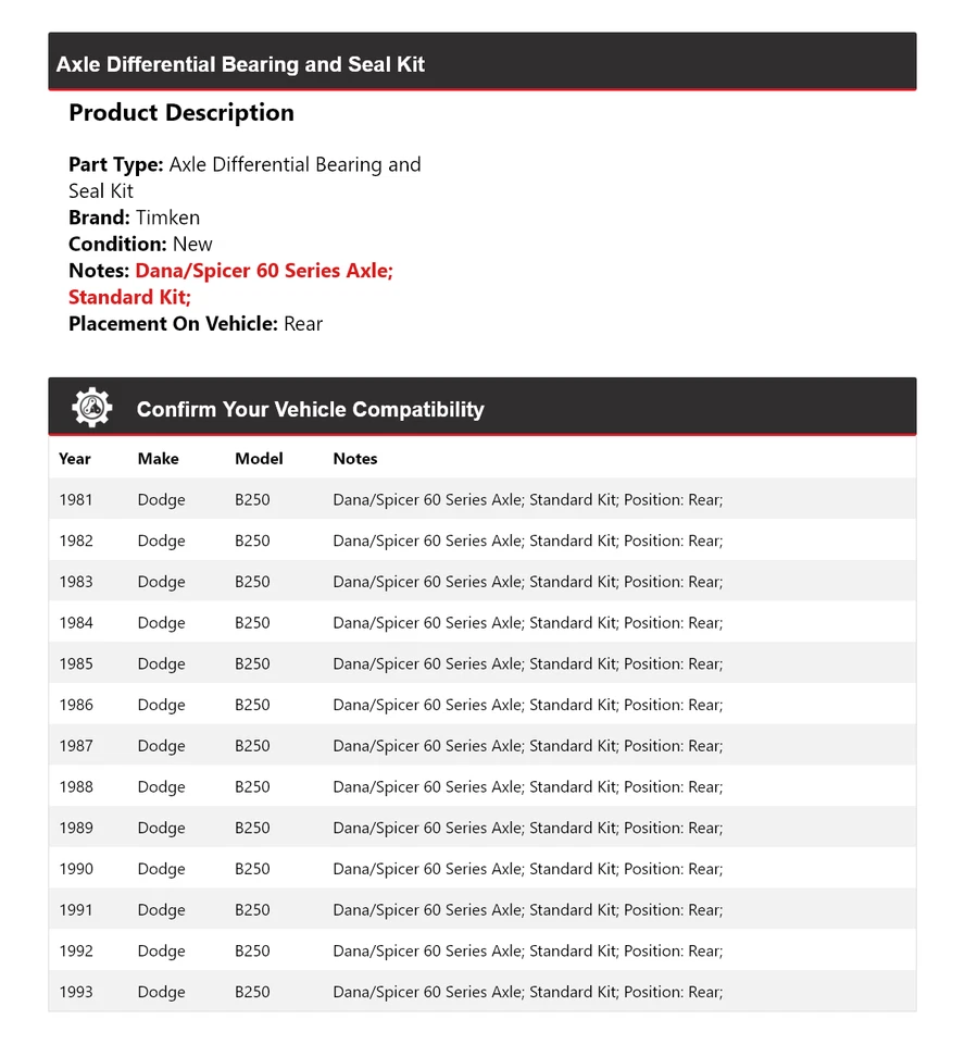 Kit de cojinete y sello diferencial de eje trasero Timken 1982 para Dodge B250 1981-1993 Foto 2 de 3