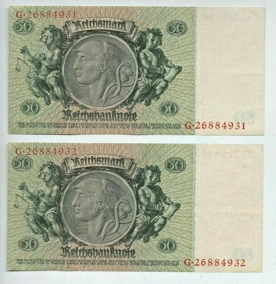 Two Consecutive 1933 German 1933 50 Reichsmarks Banknotes. Pick 182a. VF+ - Image 2 of 2