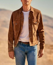 Mens Brown Leather Trucker Jacket Pure Suede Custom Made