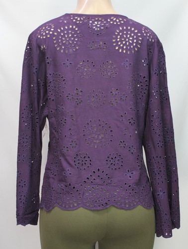 Top blusa Hibis pizzo lavoro occhielli manica lunga ricamato viola taglia XL - Foto 9 di 9