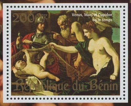 Art Stamp Painting Guercino Venus Mars et Cupido Souvenir Sheet of 2 Stamps MNH - Picture 3 of 4