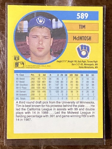 1991 Fleer Tim McIntosh 589 Brewers NM Error Card Missing “.” In USA On Back - Picture 13 of 24