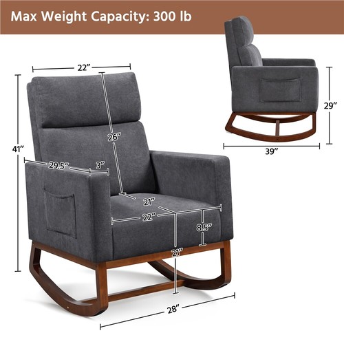 Rocking Chair with Solid Wood Legs, Side Pockets Modern High Back Armchair - Picture 25 of 48