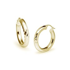 Hammered Diamond Cut Round 4x25mm Hoop Earrings in Gold Plated Sterling Silver