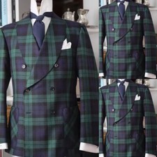 Plaid Men Suit Double Breasted Wedding Groom Tuxedo Formal Business Blazer Pant