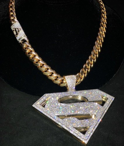 5Ct Round Cut VVS1 Genuine Moissanite Men's Pendant 14k Yellow Gold Plated 2" - Picture 2 of 4