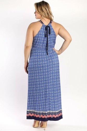 Skies Are Blue Geometric Blue Printed Tie Back Dress Plus 3X - Picture 5 of 5