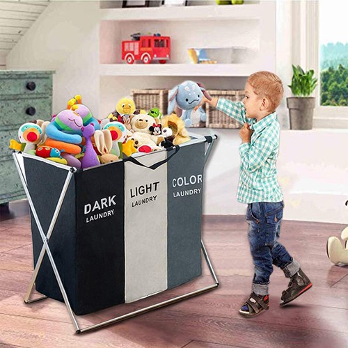 3 Section Laundry Bag Basket Divided Dirty Washing Clothes Storage Hamper US - Picture 6 of 17