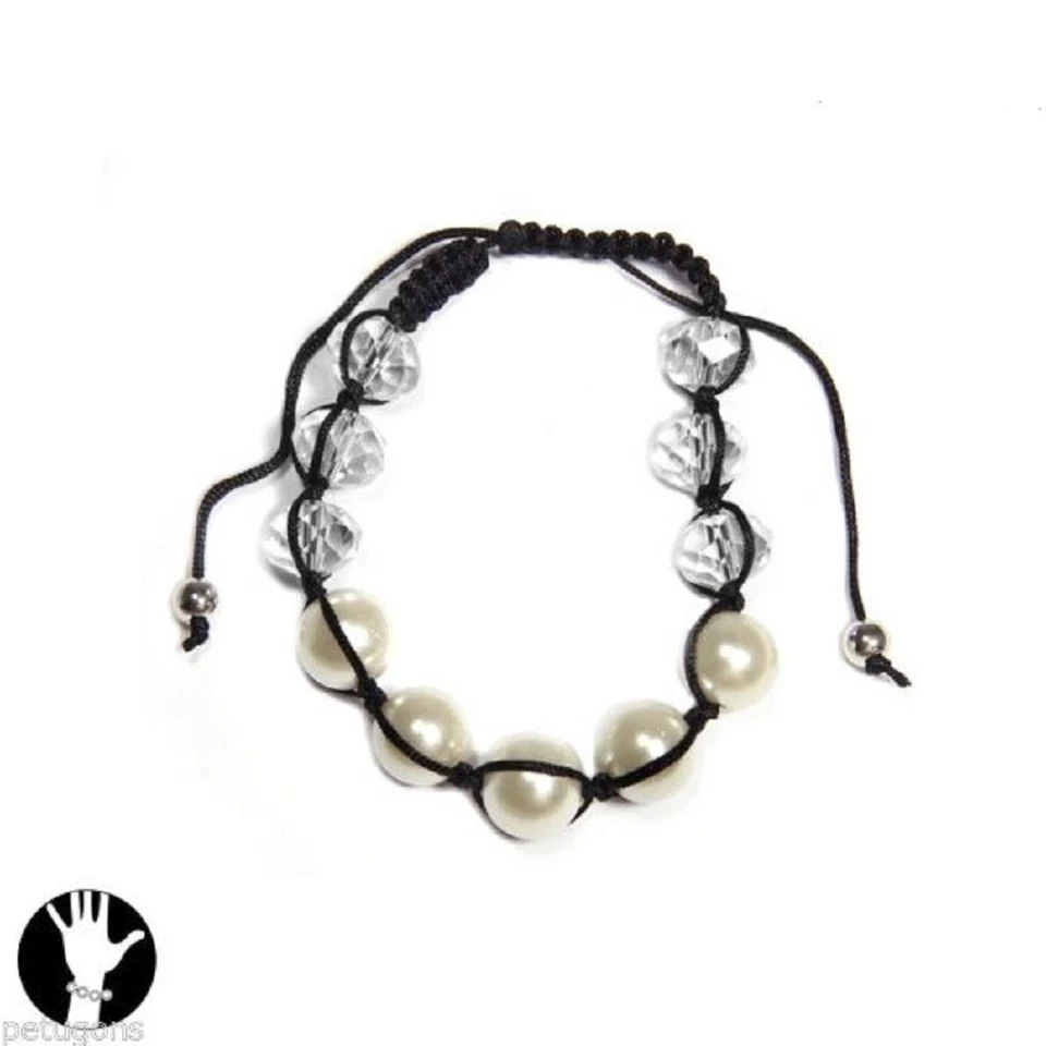 Bracelet " Shamballa"cordon noir et 6 perles cristal & 4 verre blanc, ajustable - Photo 1/1