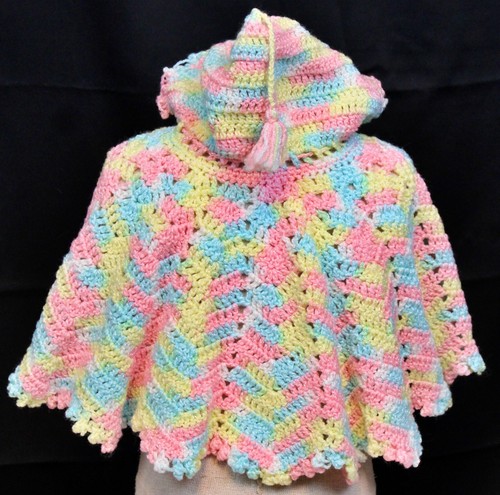 Handmade Crochet Baby Toddler Poncho Hoodie Tie Pastel Girl Chevron Tassel - Picture 3 of 5