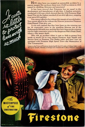 PRINT AD 1936 Firestone High Speed Tires Mother Daughter Protection 6.5 x 10 - Imagen 1 de 3