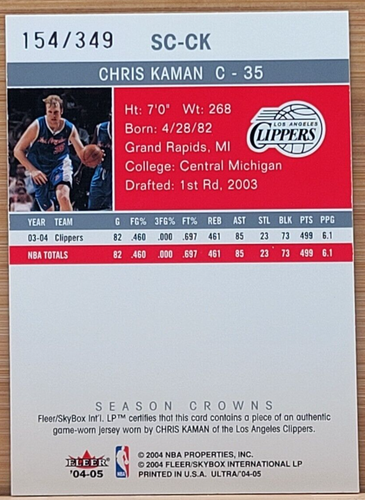 2004-05 FLEER ULTRA CHRIS KAMAN #D/349 SEASON CROWNS GU JERSEY CLIPPERS - Picture 2 of 2