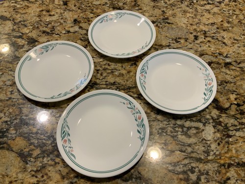 Set of 4 Corelle ROSEMARIE Bread Snack Dessert Plates 6 3/4" Green Pink Flowers