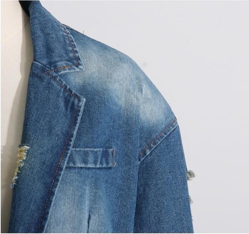 Damen 2023 Mode Revers gerissen Oversize Denim lockerer Blazer Mantel Mantel 2539 - Bild 9 von 13
