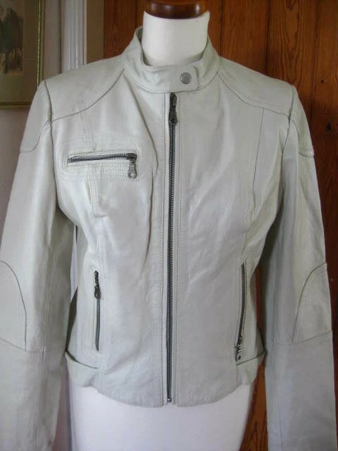 NEXT Leather Biker Jacket 16 14 racer ivory white cream grey coat buckles soft