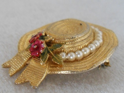 Ciner Vintage Green & Red Flower Enamel Faux Pearl Cast Ladies Bonnet Pin Brooch - Picture 7 of 12