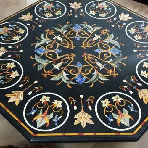 42" Octagonal Black Marble Coffee Table Inlay Breakfast Table Living Room Decors - Picture 2 of 9