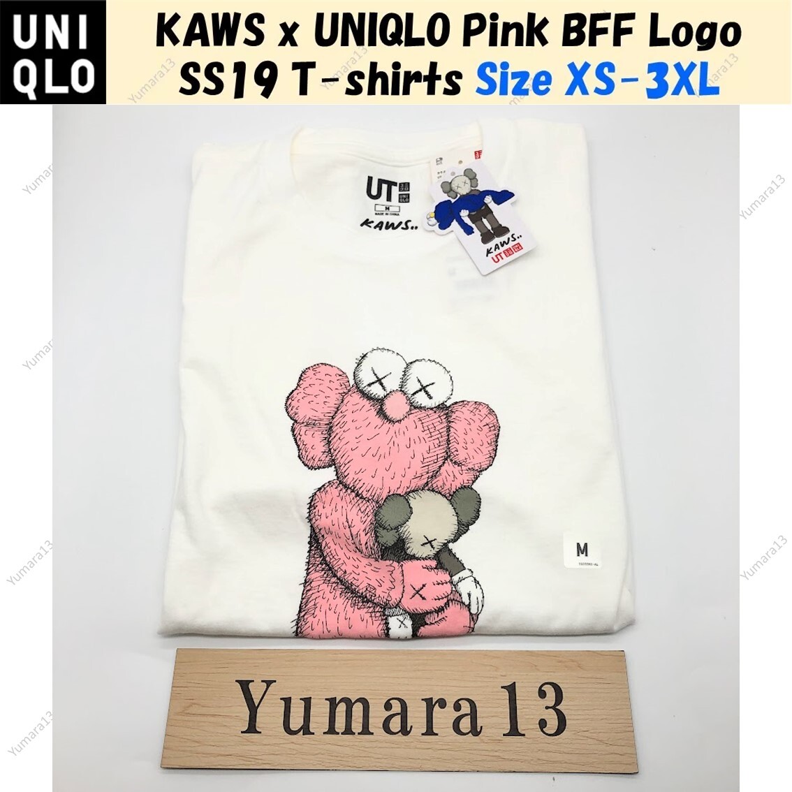 KAWS x UNIQLO Pink BFF Logo SS19 T-shirts White Tee Size JP