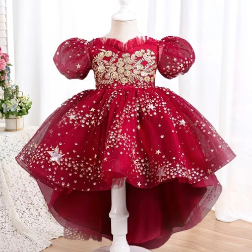 Flower Girl Party Print Dress Girl Birthday Party High Collar Dress Formal Gown - Picture 28 of 33
