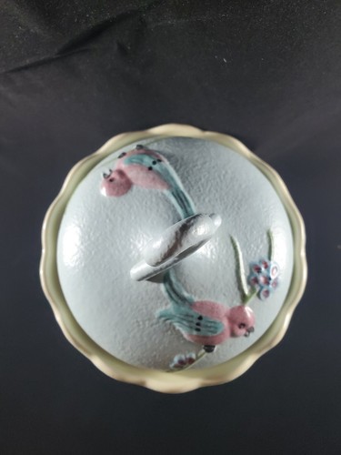 RARE HULL POTTERY BLUE SERENADE COMPOTE BIRDS & FLOWERS COVERED DISH SIGNED - Picture 7 of 12