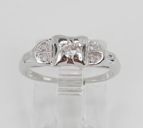 Antique Vintage Genuine Natural Diamond Engagement Ring 14K White Gold Size 4.75 - Picture 2 of 5