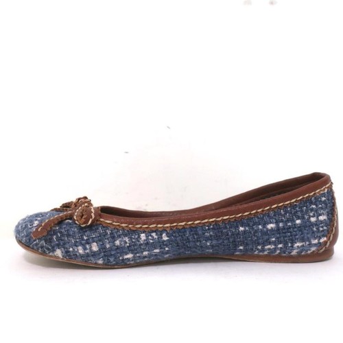 Prada Tweed Ballet Flats with Leather Bow Blue/Brown Size 37 - Picture 6 of 10