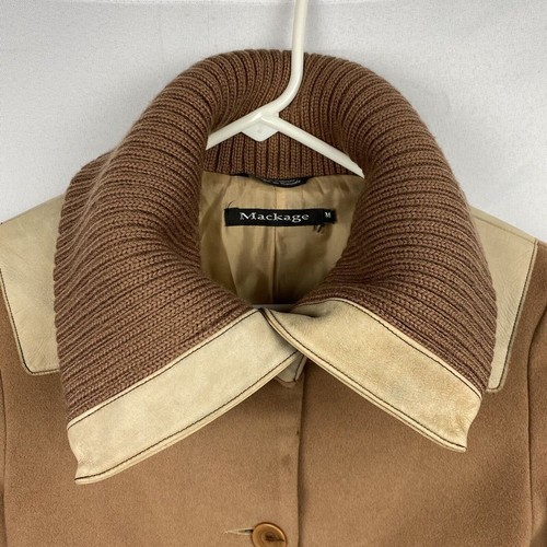 MACKAGE Vintage Womens Wool Cashmere Sweater Coat Size Medium Brown Leather Trim - Picture 3 of 12
