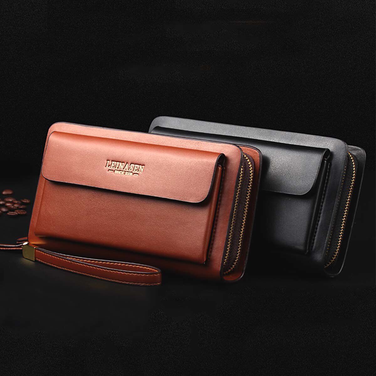 Genuine PU Leather Luxurious Men’s Long Clutch Zipper Wallets with Hand  Strap