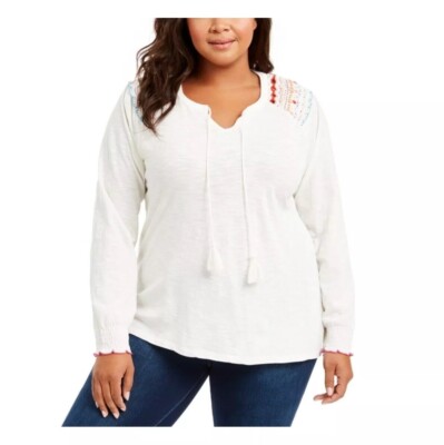 Style & Co Womens XL Fresh Cream Embroidered Shoulders Blouse Top NWT CH82