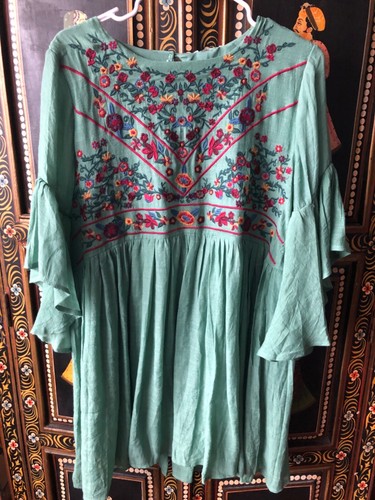 Umgee Mexican Green Tunic Flutter Sleeve Mini Dress Floral Sz L