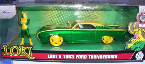 1963 FORD THUNDERBIRD GREEN & LOKI FIGURE "MARVEL" 1/24 DIECAST MODEL JADA 33357