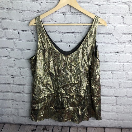 J Crew Top Women 12 Gold Cate Cami Metallic Paisley Sleeveless V Neck 07030 - Picture 3 of 10