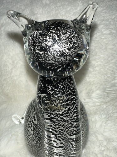Vintage Murano Glass Cat Figurines Oball Sommerso Silver Black Italian Retro - Picture 2 of 8