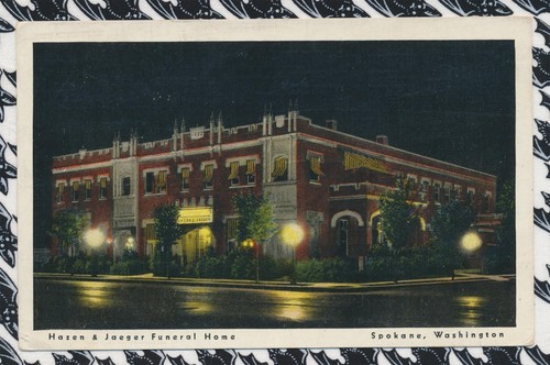 Color Vintage Postcard Funeral Home Building Hazen Jaeger Spokane WA Night 1939 - Picture 2 of 5