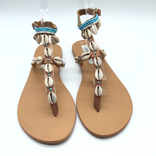 Steve Madden Crete Sandals Leather Ankle Strap Beaded Shells Thong Brown  8.5 | eBay