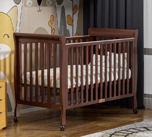 Brown Wooden Baby Cot Crib Toddler bed with mattress & wheels - Picture 2 of 5