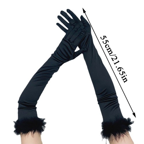 55cm Elbow Gloves Long Satin Full Finger Gloves Velvet Cuffs Feathers Mittens ♪ - Picture 3 of 15