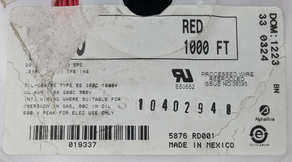 1000 英尺 Alpha 5876 RD001 连接线 PTFE 20AWG 高温 200C SPC M16878/5 全新 — 第 2/4 张图片