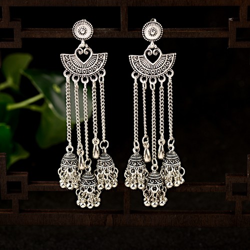 Vintage Jhumka Ethnic Silver Long Tassel Bells Dangle Gypsy Indian Earrings - Afbeelding 1 van 10