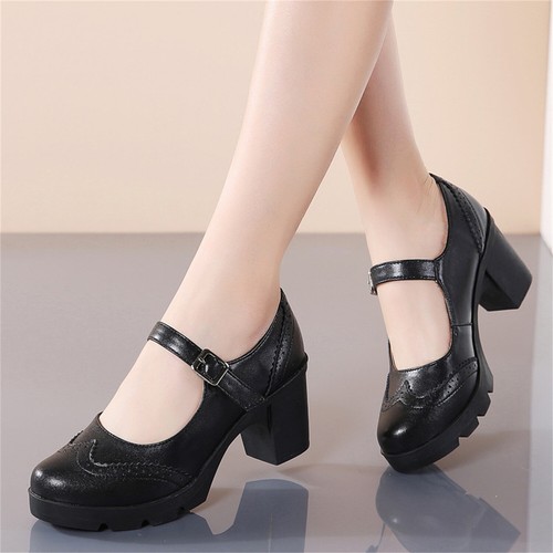Women's Leather Classic Platform Block Heel Mary Jane Round Toe Oxfords Shoes - Picture 16 of 19