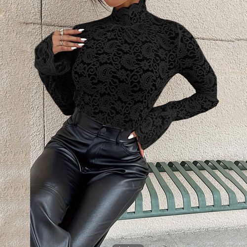 Sexy Women Lace Sheer Mesh Half Collar Blouse Slim Fit Flared Sleeve Shirt Tops - Picture 20 of 26