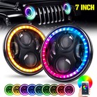 Pair 7" Inch RGB LED Headlights Halo Angel Eyes For Jeep Wrangler JK LJ TJ CJ