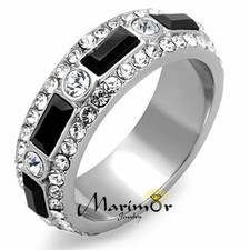 Women's Black Baguette  Clear Round Cut CZ Stainless Steel Eternity Ring Band