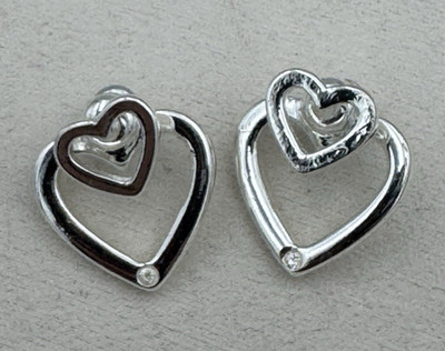 Pair Silver Tone Heart Stud Earrings Open Heart Rhinestone Accent Love Set