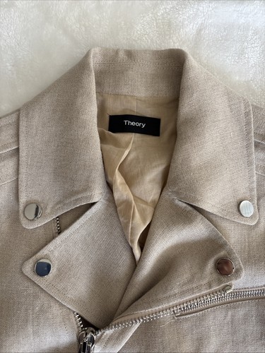 Theory Shrunken Intergrate Linen Moto Jacket Beige Zip Snap Belt Size Petite EUC - Picture 8 of 14